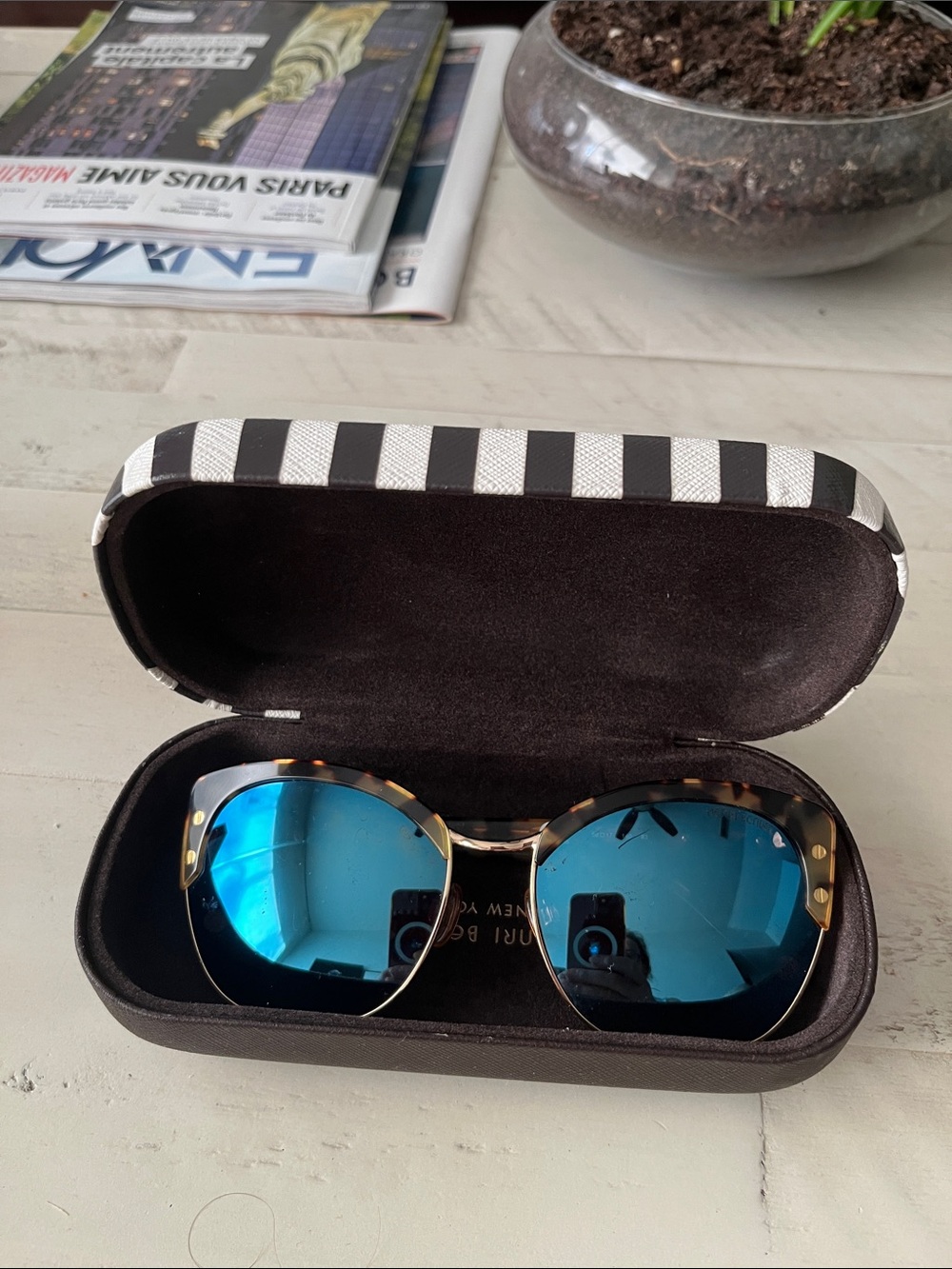 henri bendel Tortoise Frame Sunglasses with Blue Mirrored Lenses